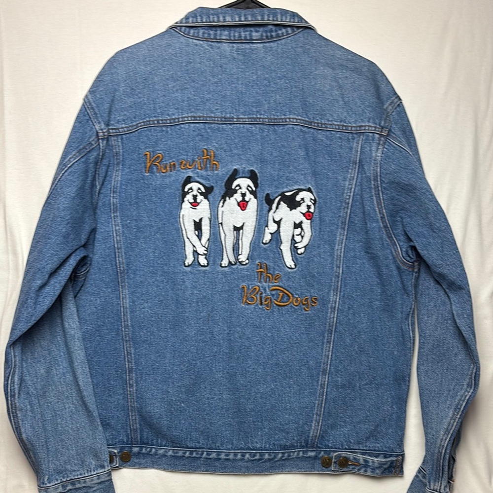 Vintage Mens Big Dogs Blue Denim Jacket with Embroidered Design